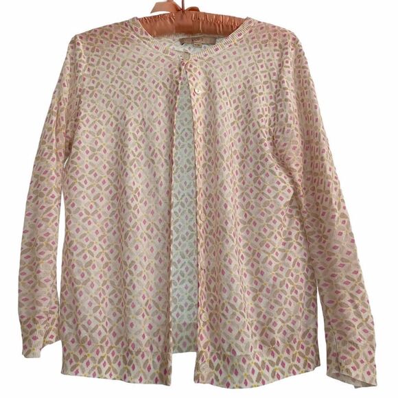 LOFT White Pink Tan Geo Print Cardigan Medium - Picture 1 of 6